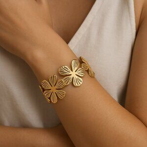 Floral Cuff Bangle Bracelet Gold Tone Titanium Steel 18K Gold Plated New